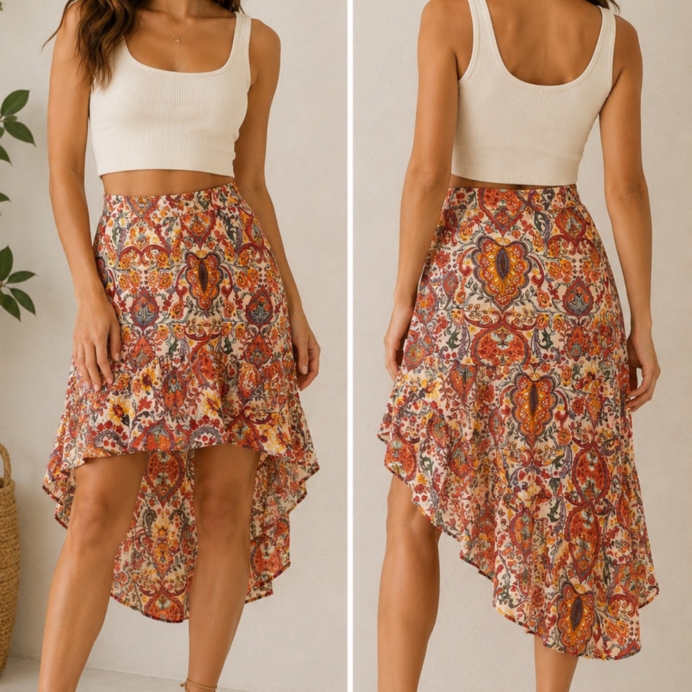 Chenault NWT Boho Paisley High Low Midi Skirt